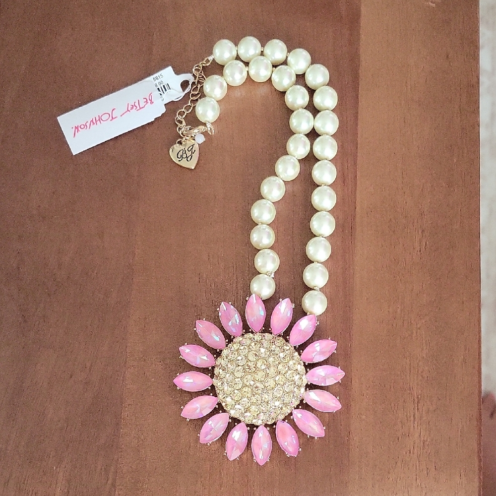 Betsey Johnson Pearl Strand Necklace with Pink Crystal Flower Pendant
